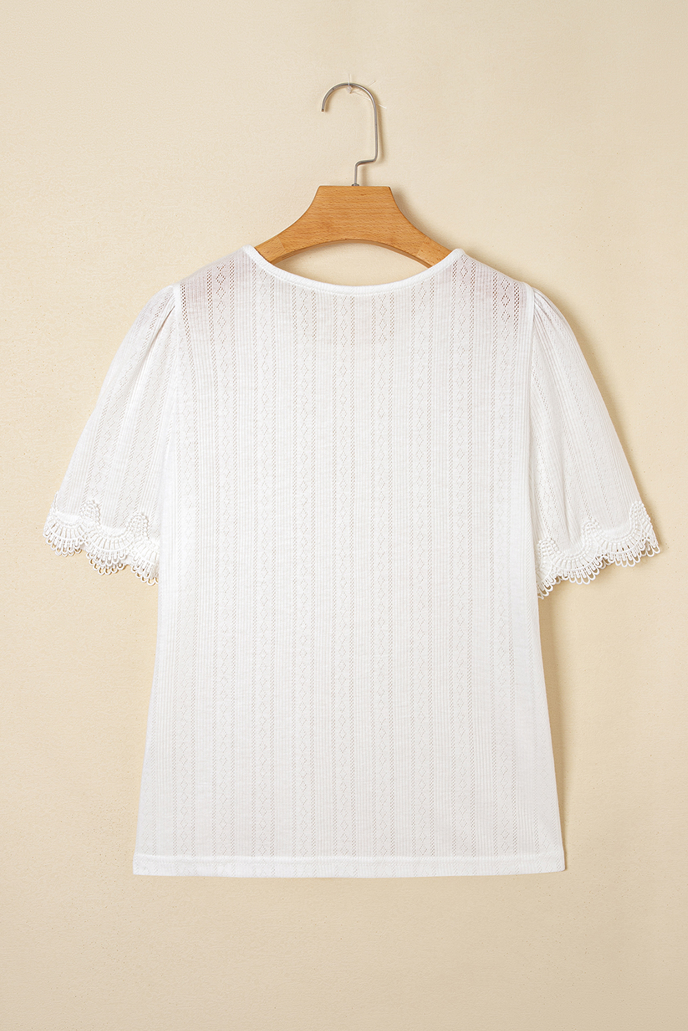 White Scalloped Lace Trim Jacquard Textured T Shirt view 7