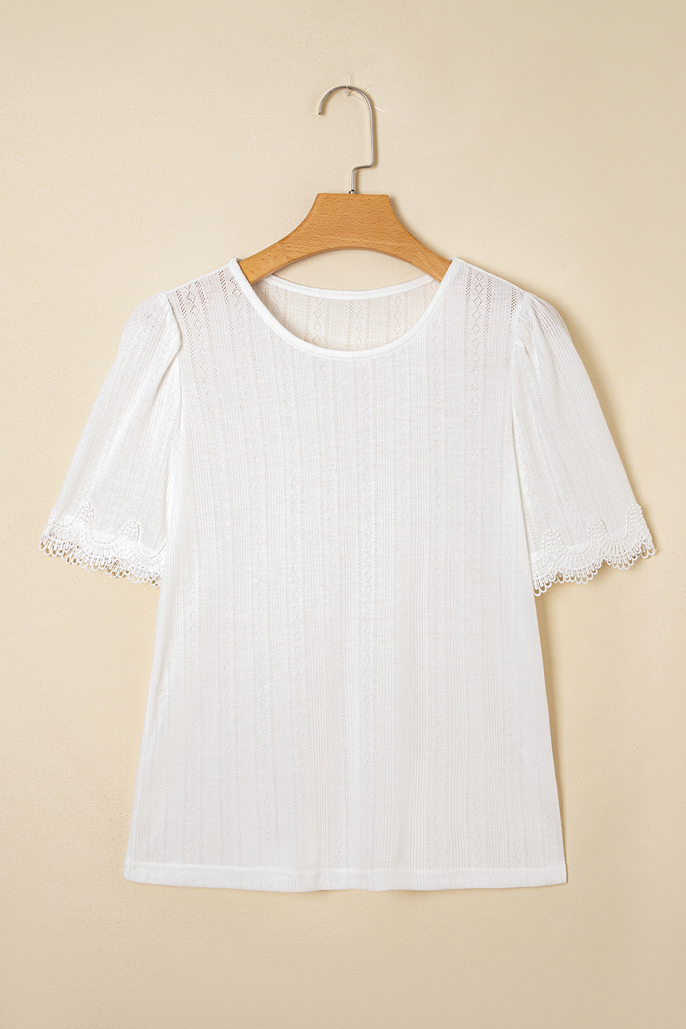 White Scalloped Lace Trim Jacquard Textured T Shirt view 6