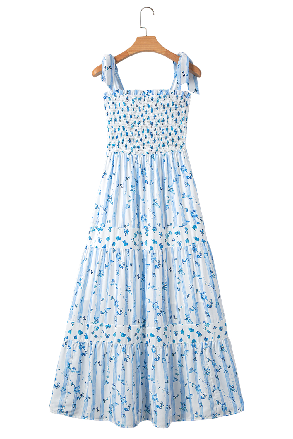 Sky Blue Floral Smocked Tied Straps A-Lined Tiered Maxi Dress view 22