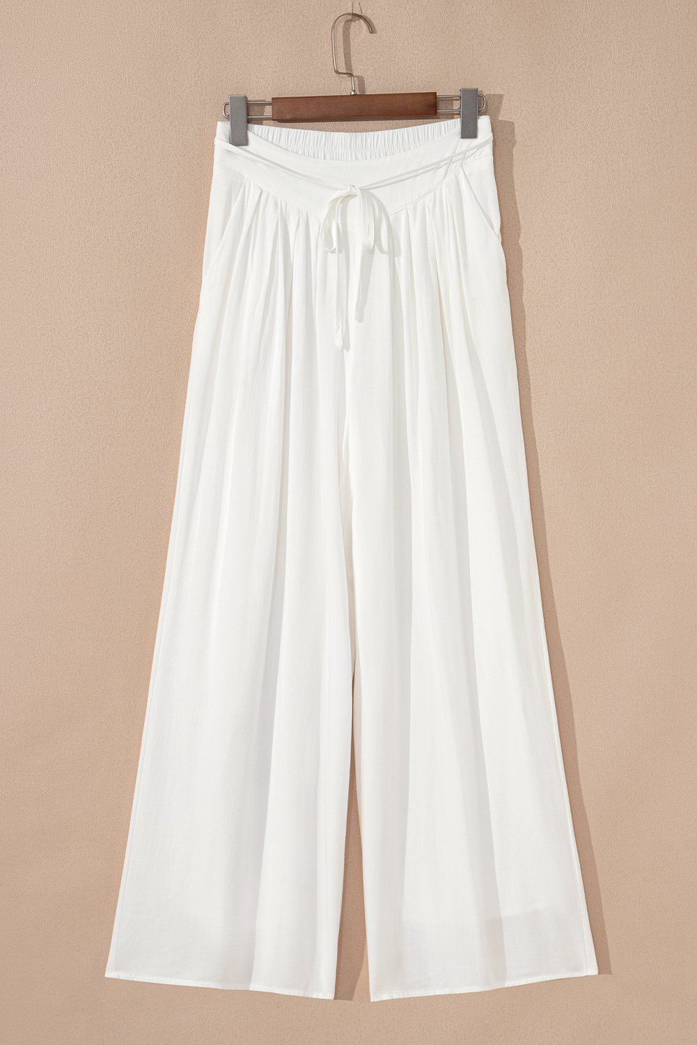 White Solid Drop Waist Pleated Wide Leg Casual Pants view 4