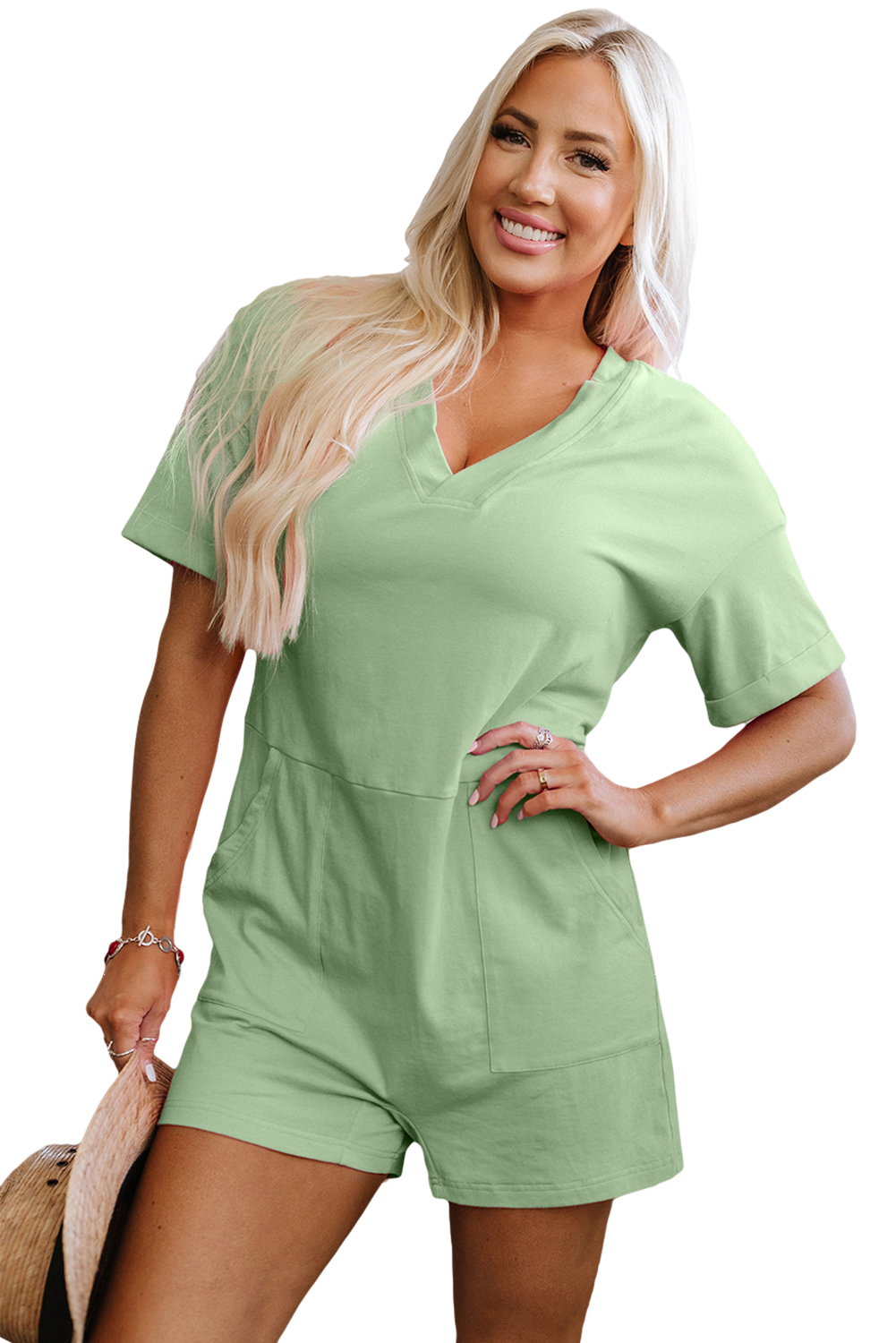 Grass Green Loose Half Sleeve V Neck Knit Romper view 19