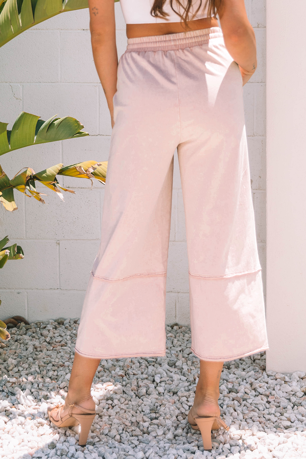 Pink Flower Patch Mineral Washed Terry Knit Cropped Wide Leg Pants view 2