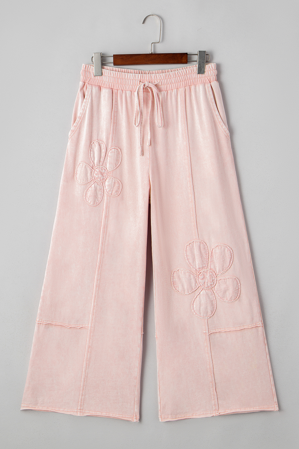 Pink Flower Patch Mineral Washed Terry Knit Cropped Wide Leg Pants view 11