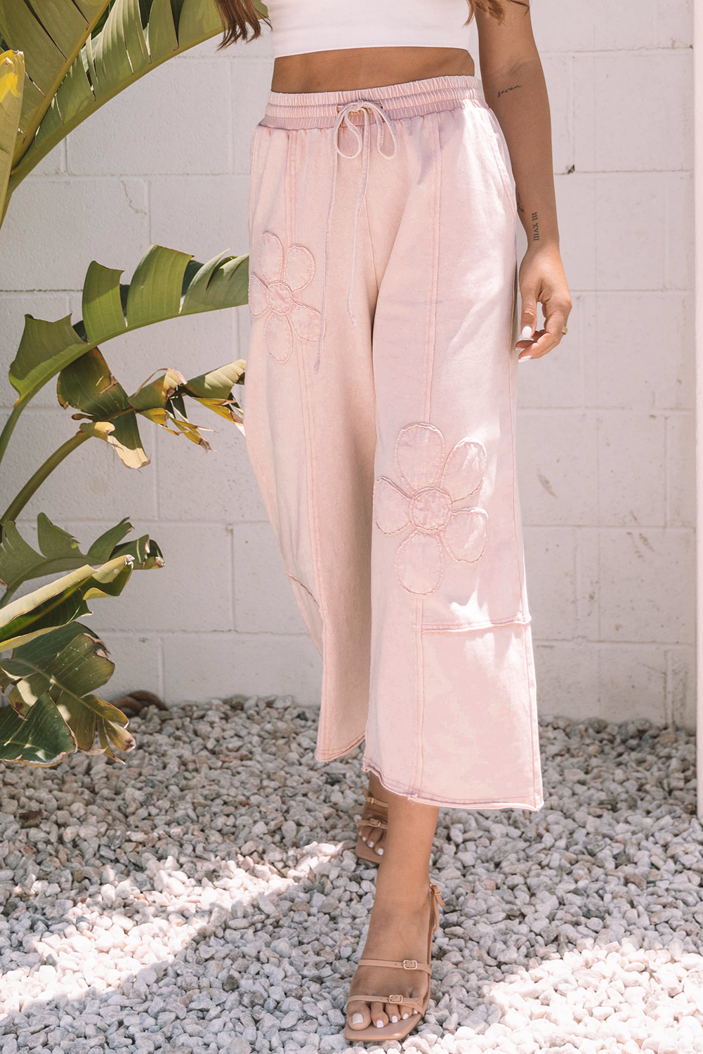 Pink Flower Patch Mineral Washed Terry Knit Cropped Wide Leg Pants view 4