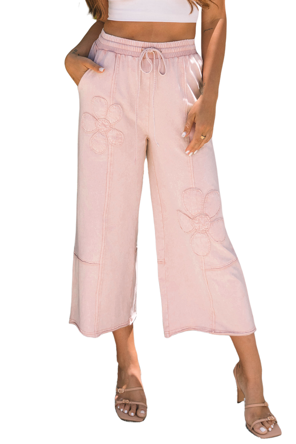 Pink Flower Patch Mineral Washed Terry Knit Cropped Wide Leg Pants view 20