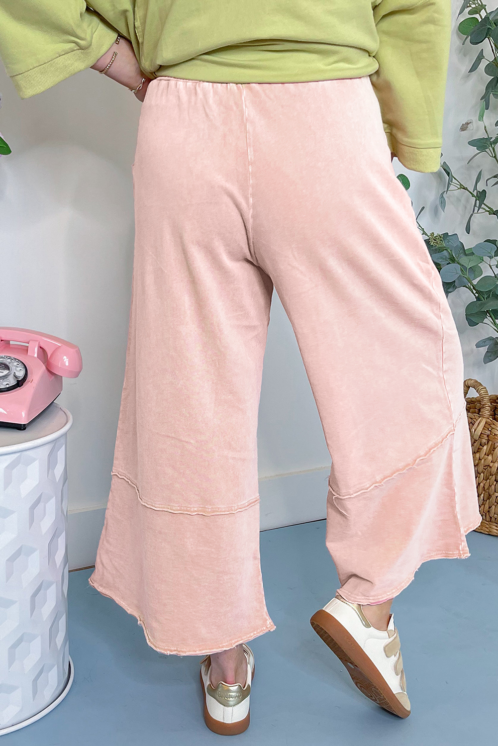 Pink Flower Patch Mineral Washed Terry Knit Cropped Wide Leg Pants view 9