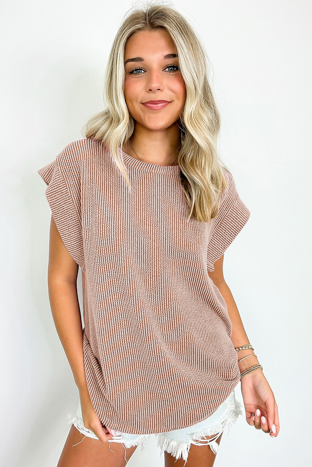 Dark Khaki Twisted Rib Wide Sleeve Crew Neck T Shirt view 3