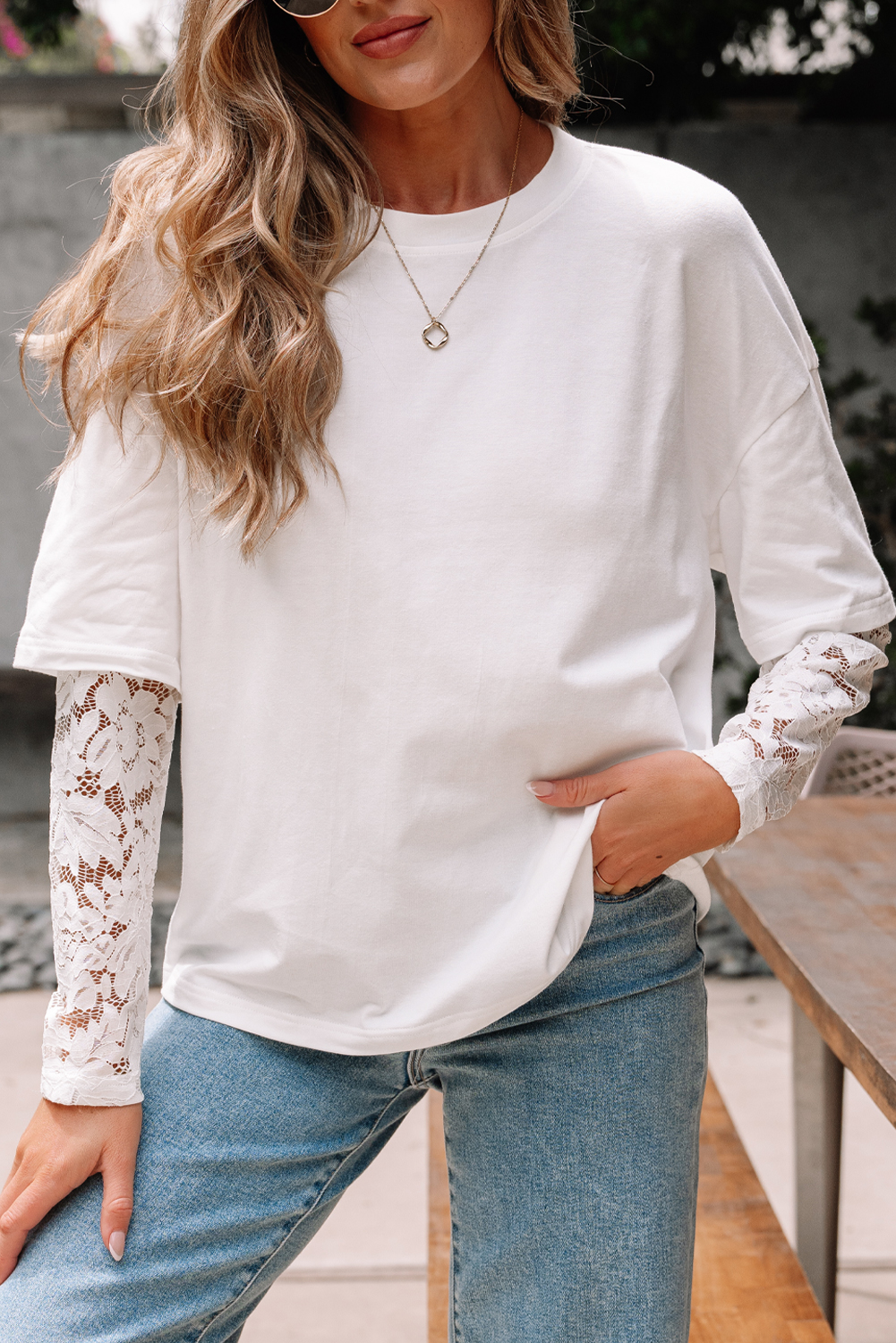 White Lace Long Sleeve Insert Drop Shoulder Tee view 7