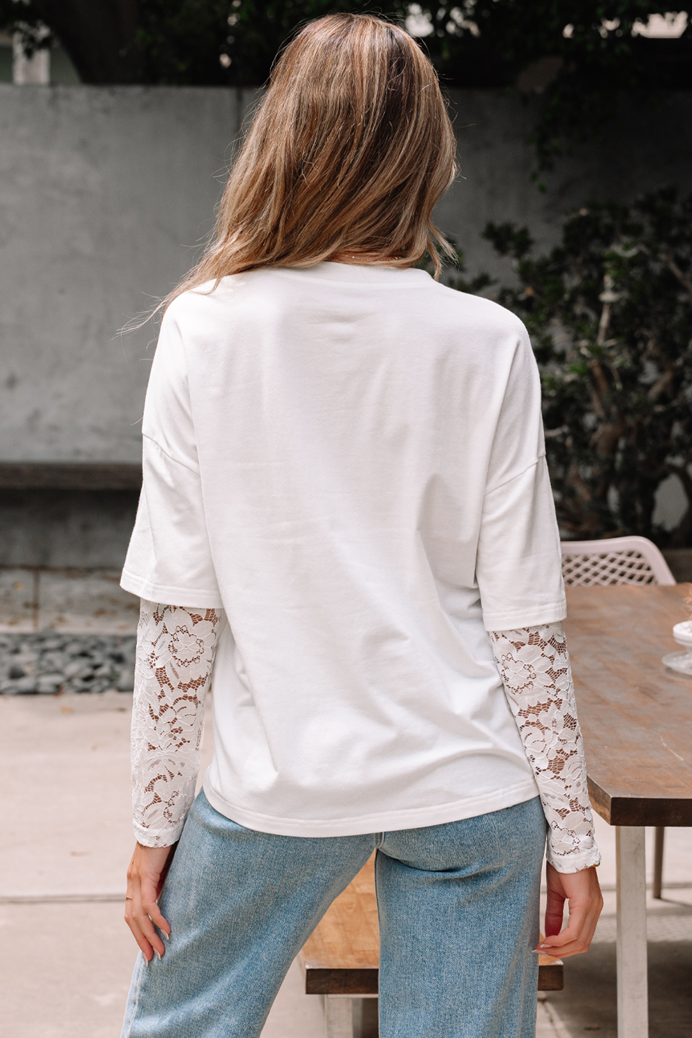 White Lace Long Sleeve Insert Drop Shoulder Tee view 2