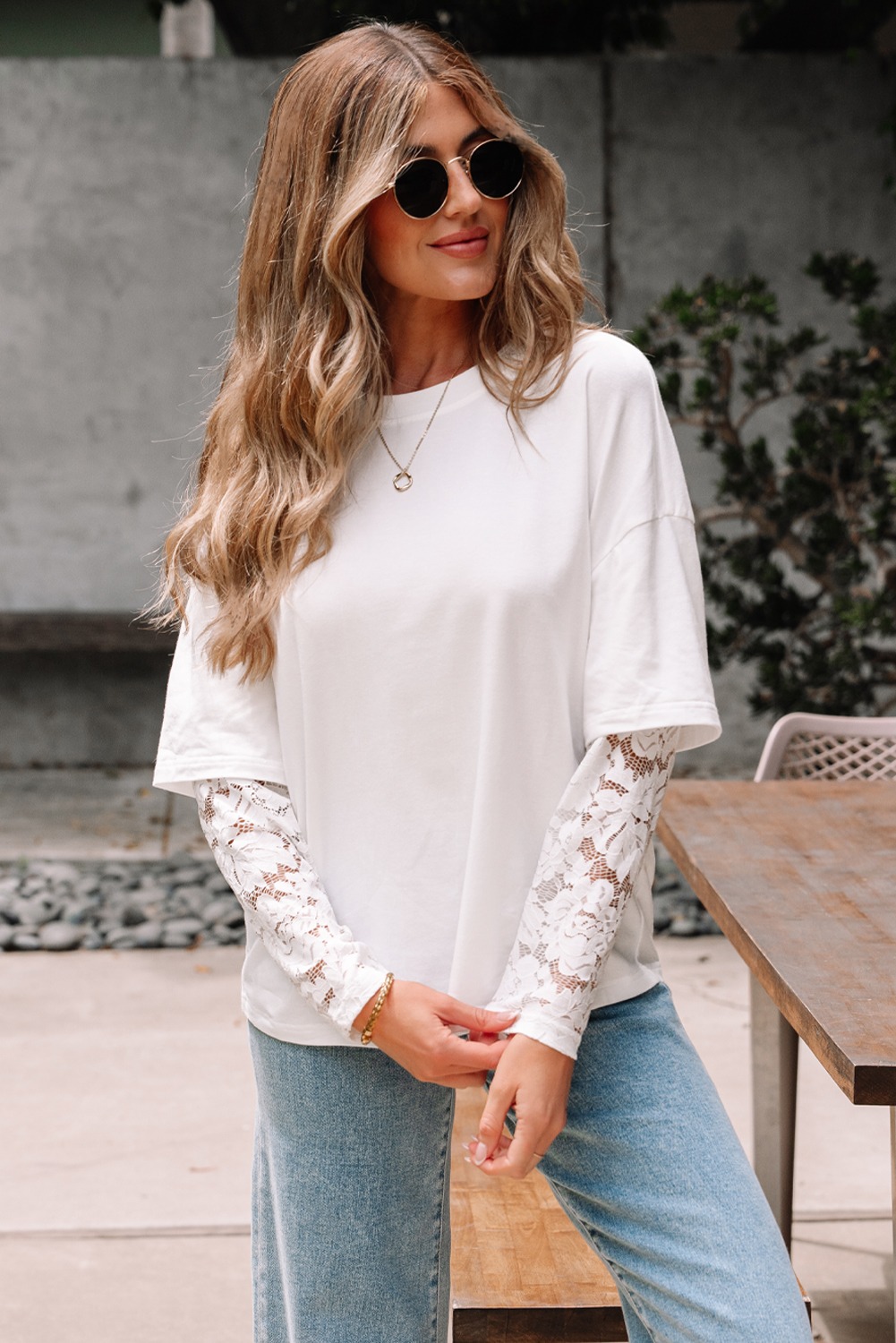 White Lace Long Sleeve Insert Drop Shoulder Tee view 4