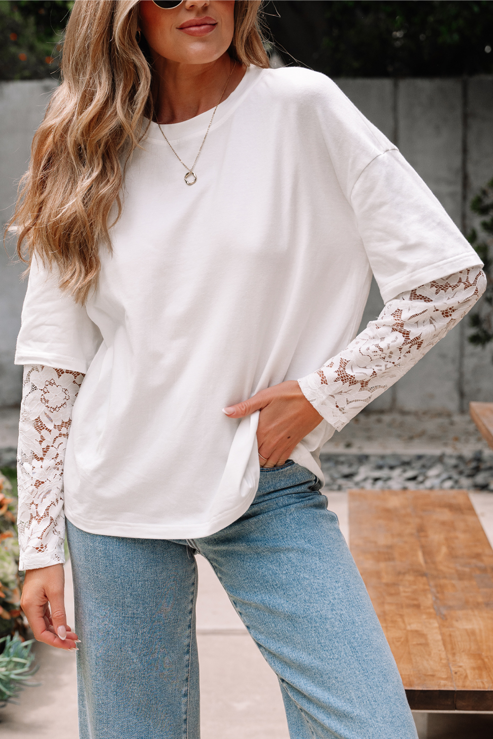 White Lace Long Sleeve Insert Drop Shoulder Tee view 6