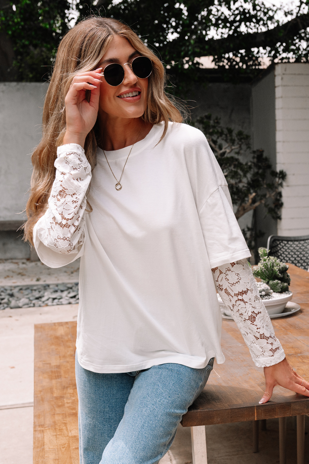 White Lace Long Sleeve Insert Drop Shoulder Tee view 5