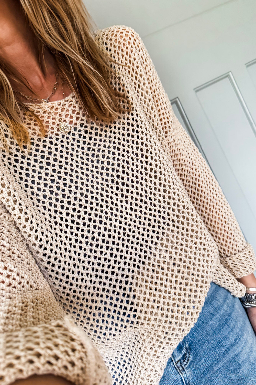 Smoke Gray Crochet Hollow-out Jumper Top Sweater view 11