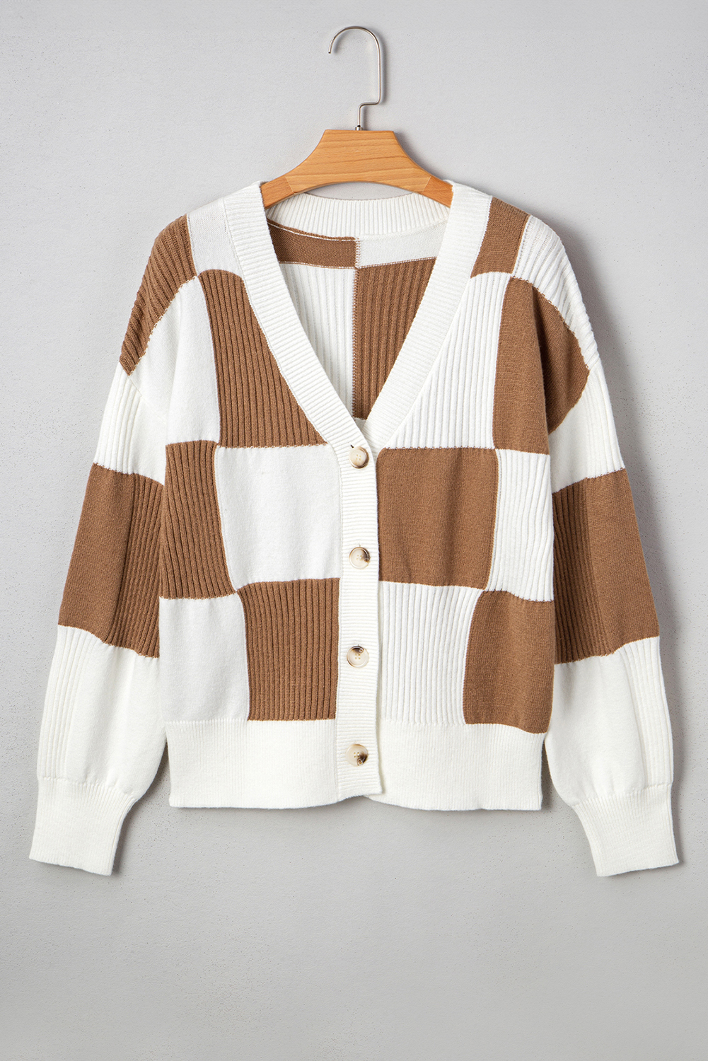 Khaki Checkered Pattern Ribbed Detail Button V Neck Sweater Cardigan view 13