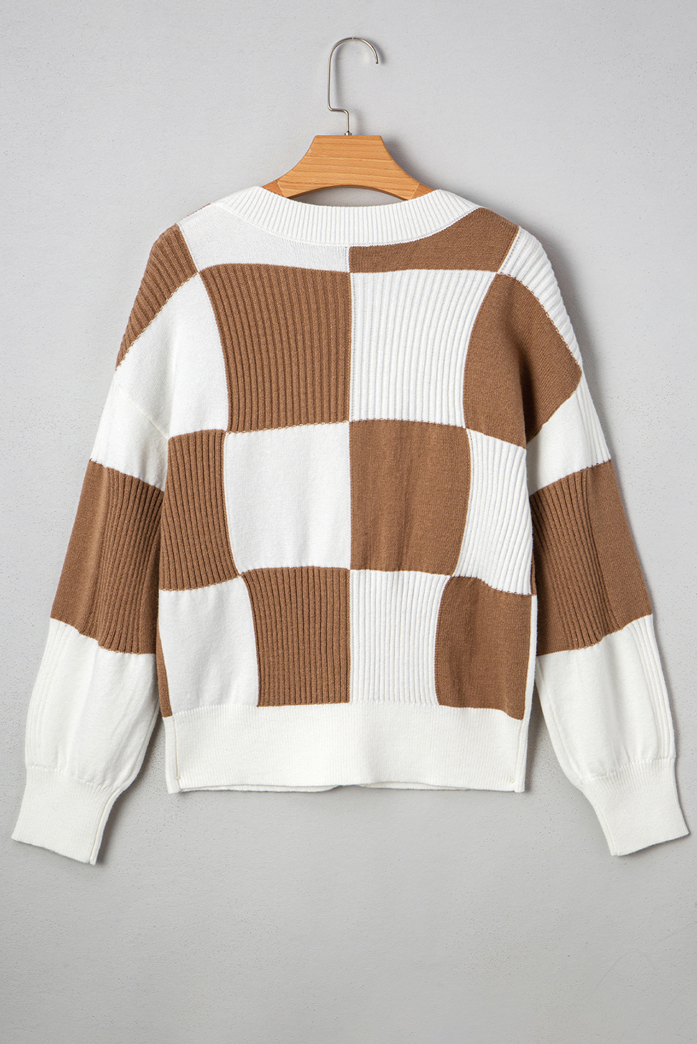 Khaki Checkered Pattern Ribbed Detail Button V Neck Sweater Cardigan view 14