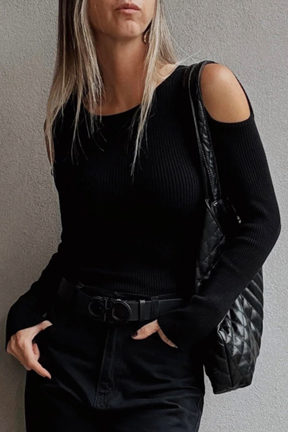 Black Ribbed Knit Cold Shoulder Sweater view 12