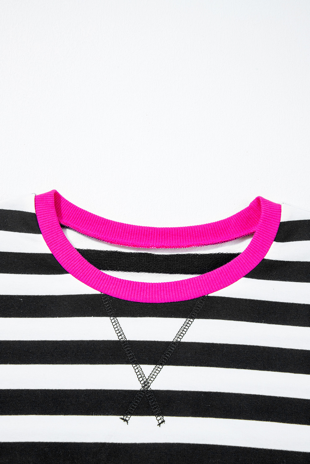 Black Stripe Contrast Ribbed Banding Long Sleeve Blouse Loose Shorts Set view 10