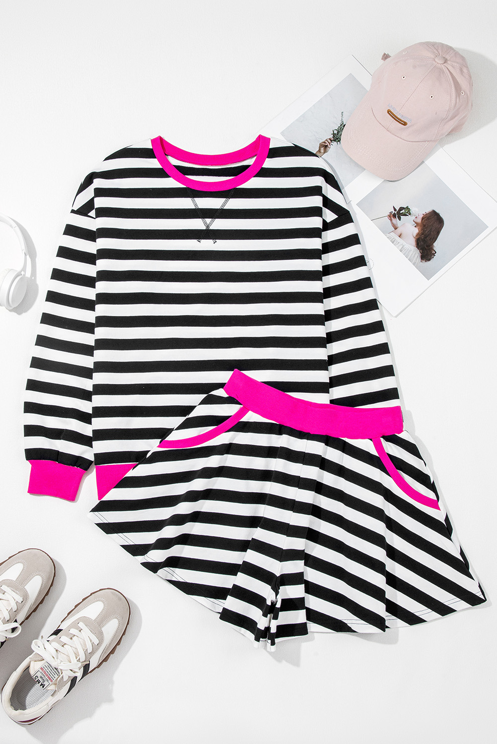 Black Stripe Contrast Ribbed Banding Long Sleeve Blouse Loose Shorts Set view 8