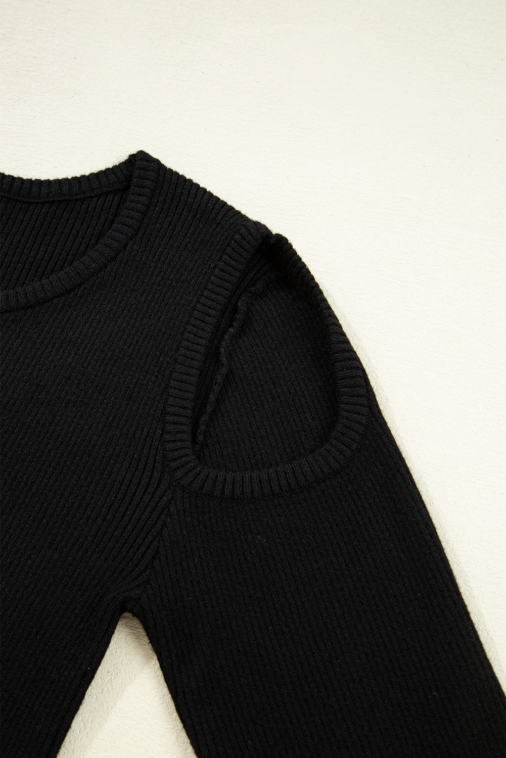 Black Ribbed Knit Cold Shoulder Sweater view 17