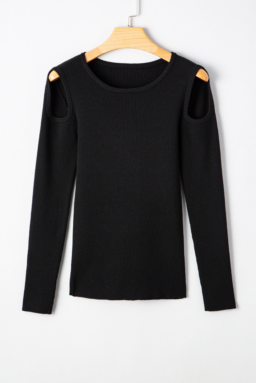Black Ribbed Knit Cold Shoulder Sweater view 13