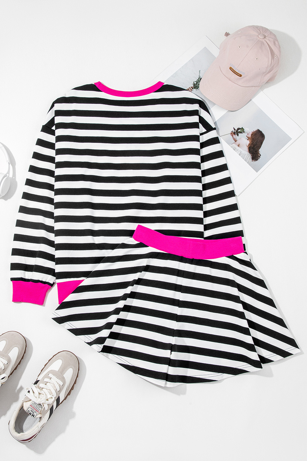Black Stripe Contrast Ribbed Banding Long Sleeve Blouse Loose Shorts Set view 9