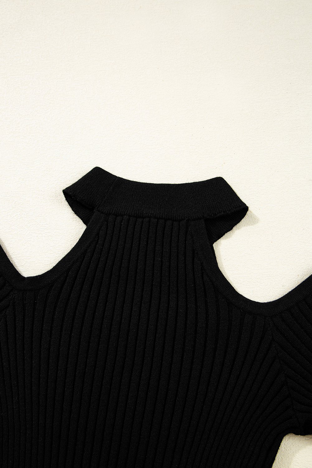 Black Ribbed Knit Cold Shoulder Choker Neck Sweater view 15