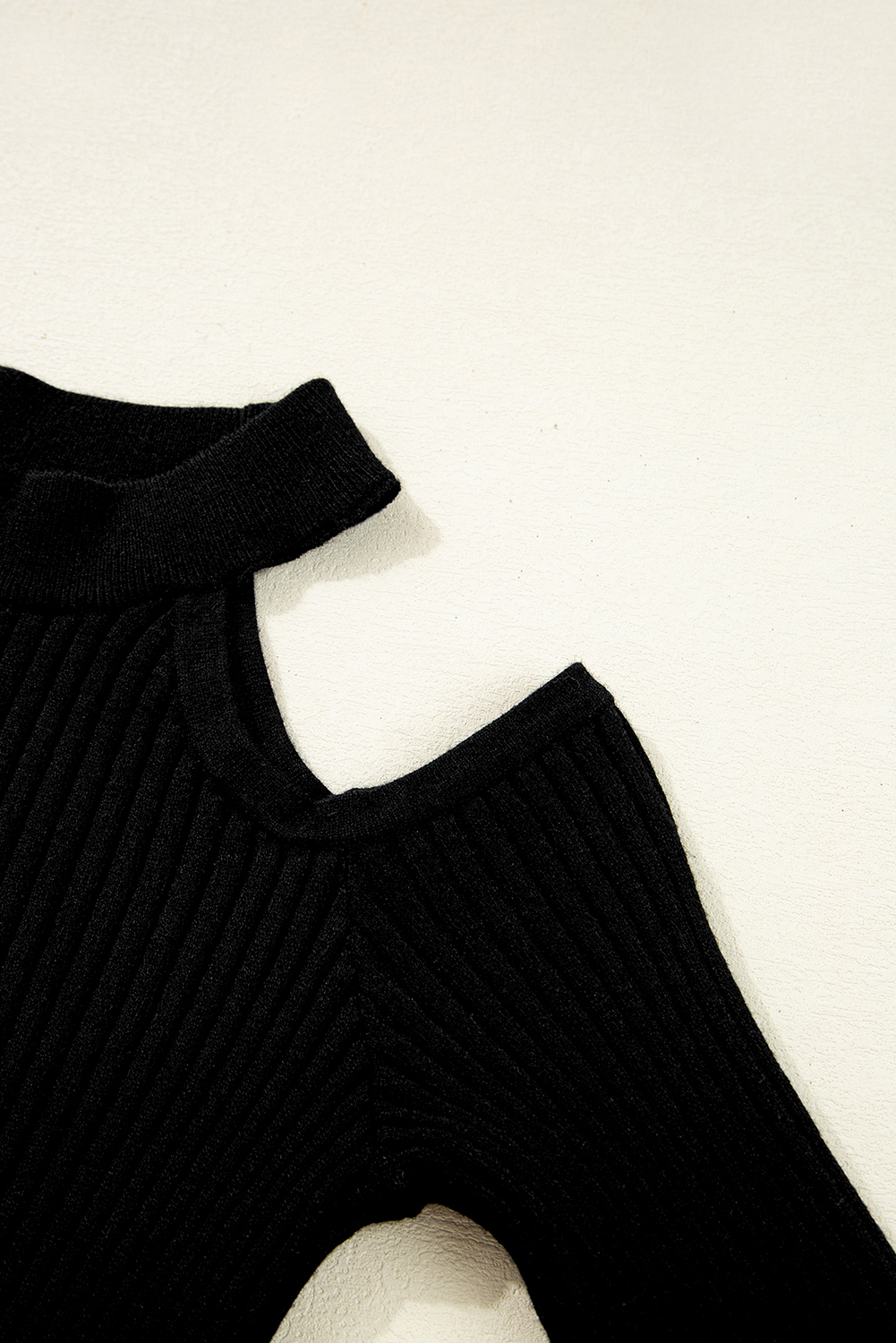 Black Ribbed Knit Cold Shoulder Choker Neck Sweater view 16