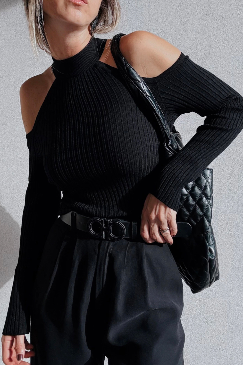 Black Ribbed Knit Cold Shoulder Choker Neck Sweater view 10