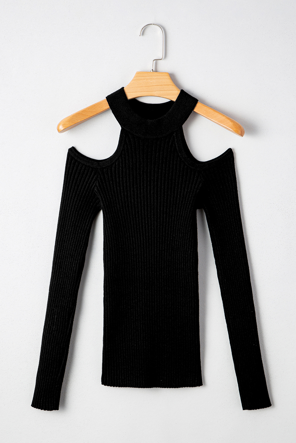 Black Ribbed Knit Cold Shoulder Choker Neck Sweater view 13