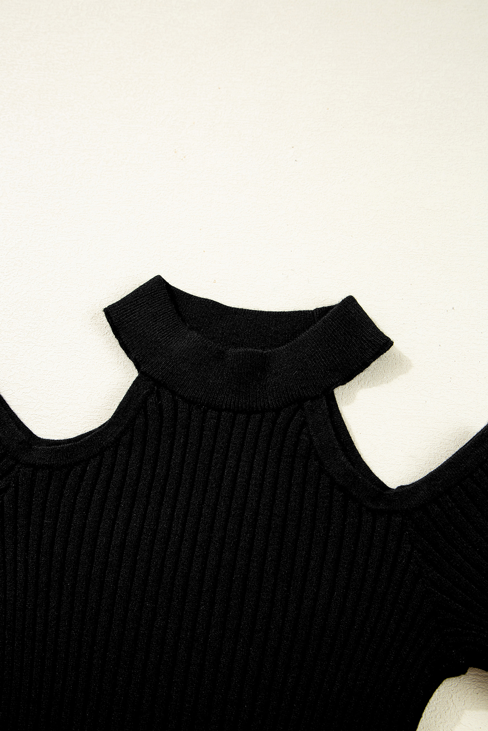 Black Ribbed Knit Cold Shoulder Choker Neck Sweater view 17