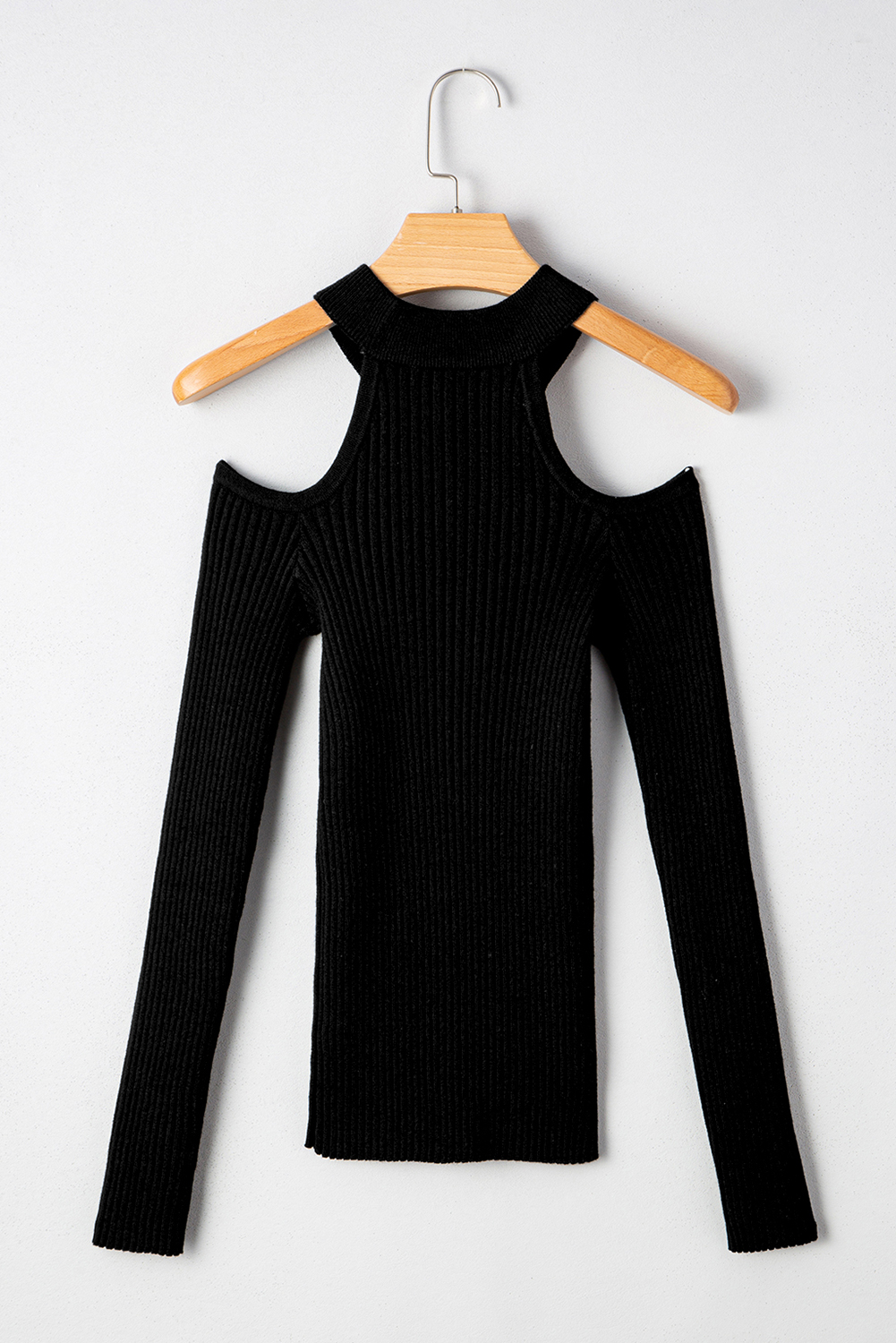 Black Ribbed Knit Cold Shoulder Choker Neck Sweater view 14