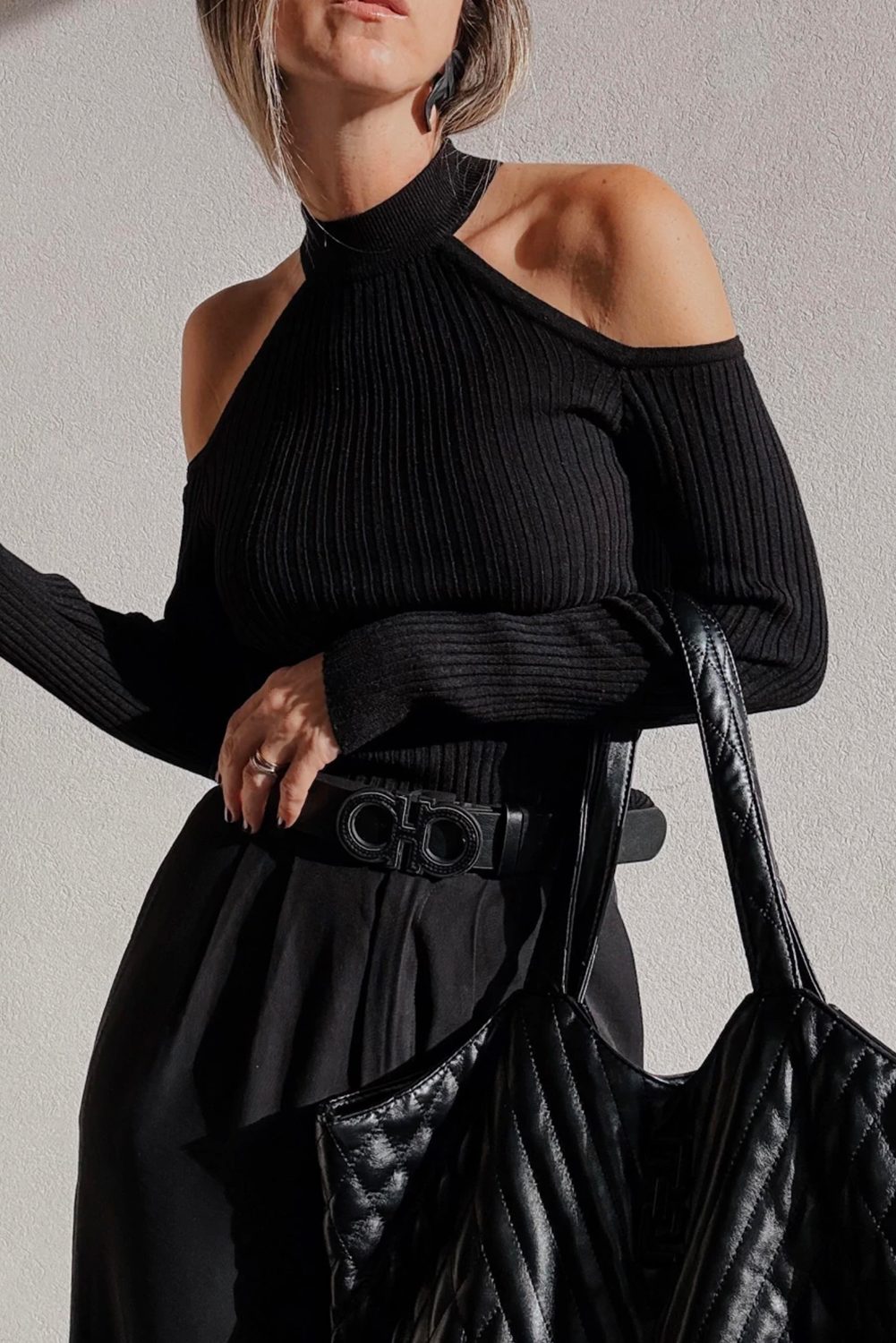 Black Ribbed Knit Cold Shoulder Choker Neck Sweater view 12
