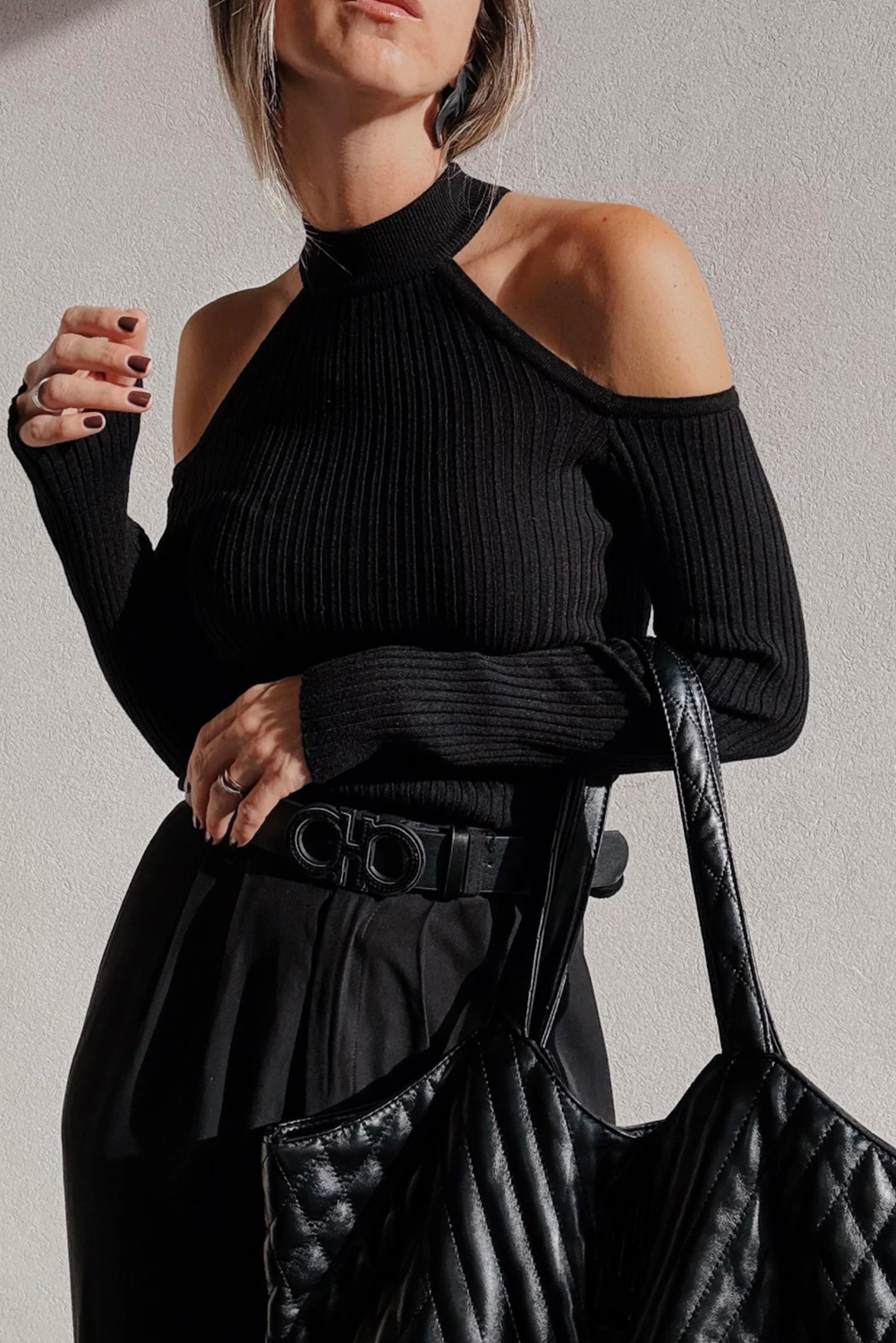 Black Ribbed Knit Cold Shoulder Choker Neck Sweater view 9