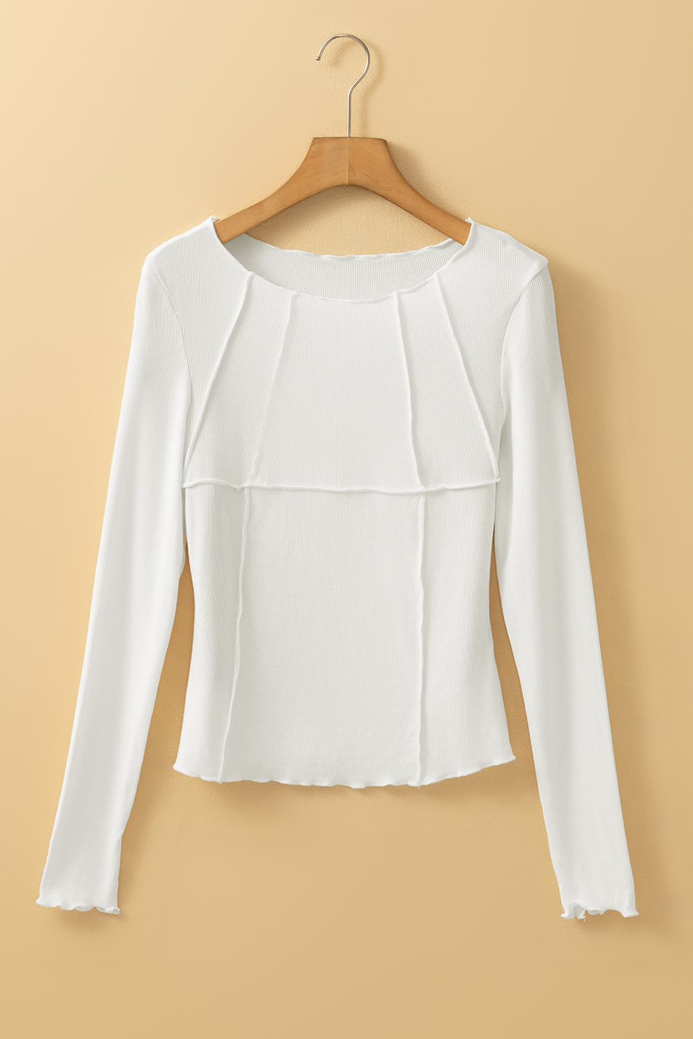 White Exposed Seam Ribbed Knit Slim Fit Long Sleeve Top view 9