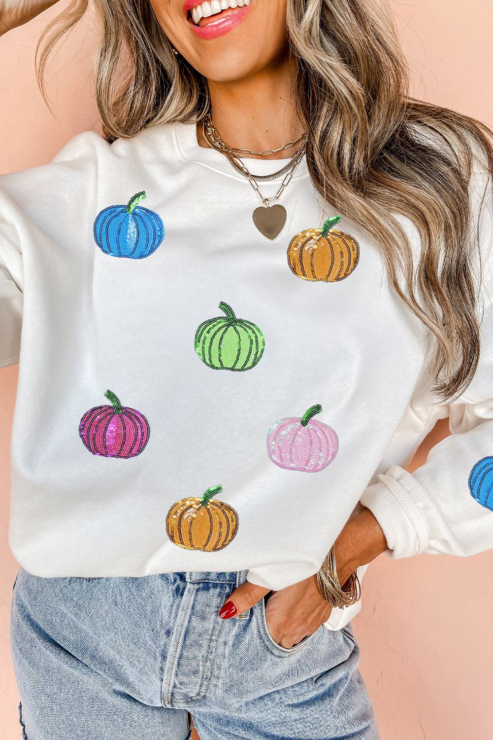 WhiteColorfulPumpkinSequinPatchedDropShoulderSweatshirt
