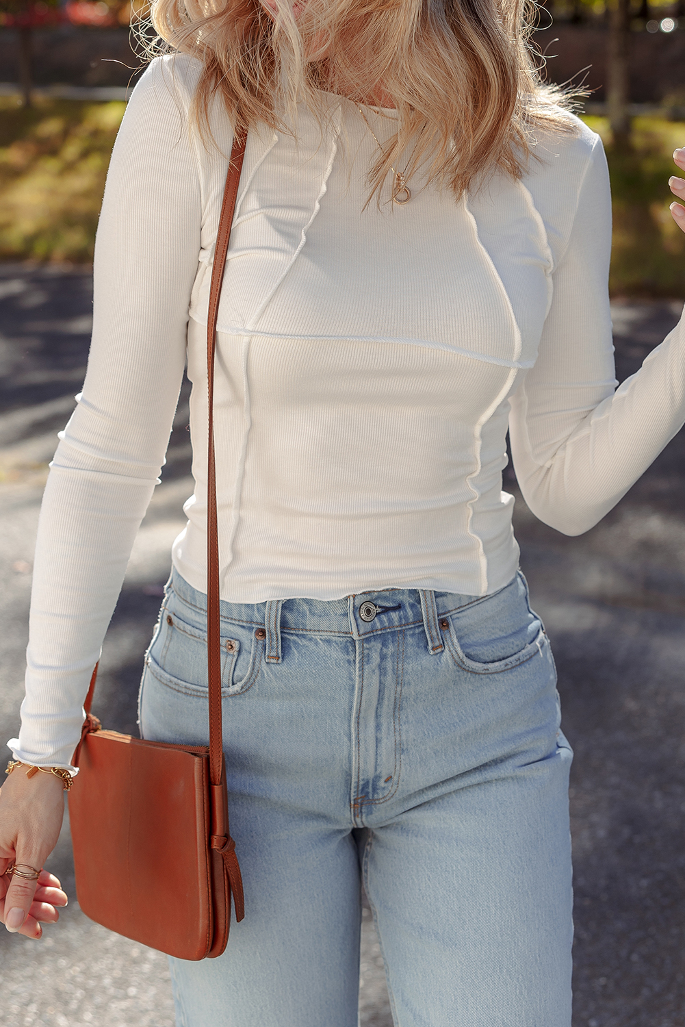 White Exposed Seam Ribbed Knit Slim Fit Long Sleeve Top view 5