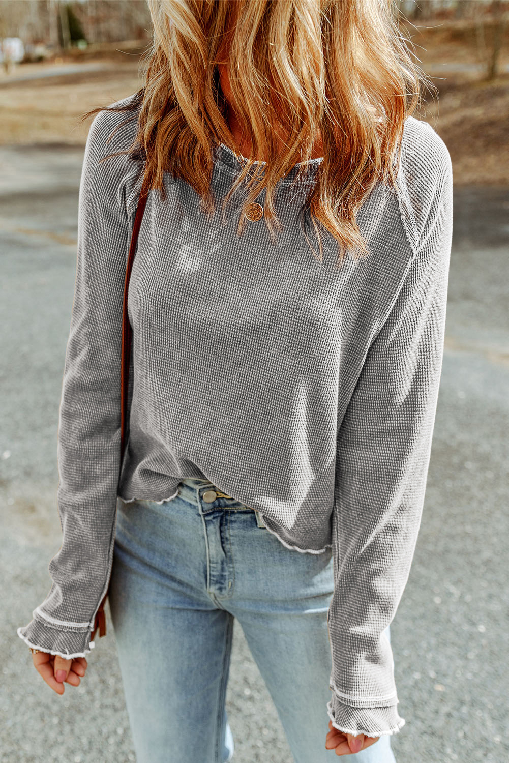 Fuzzy Ribbed Texture Round Neck Long Sleeve Top main image 0