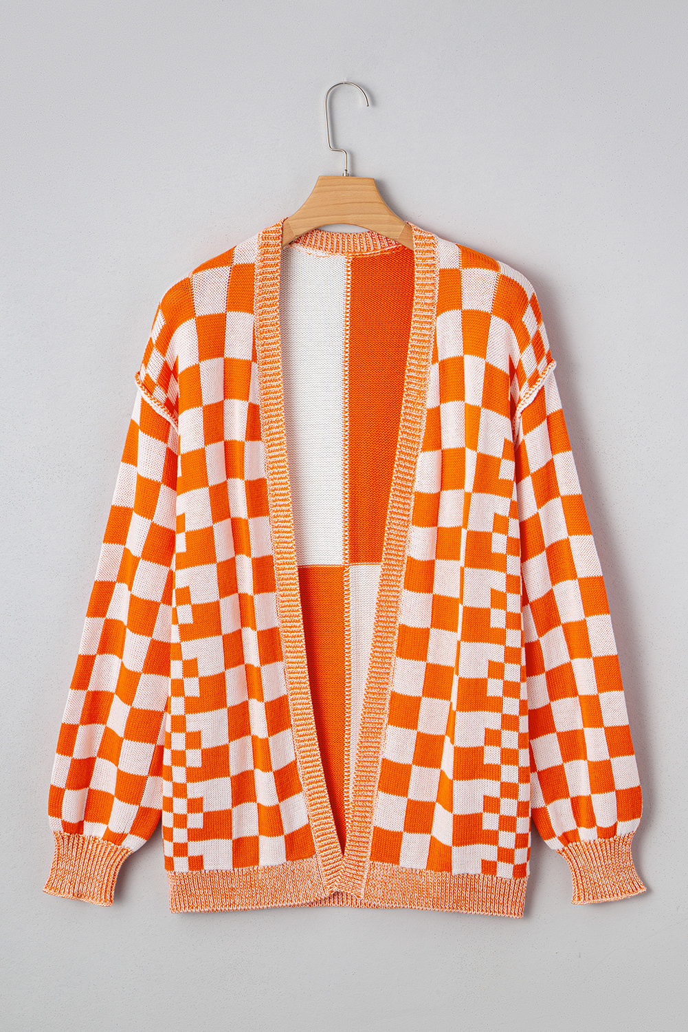 Orange Checkered Open Front Drop Shoulder Cardigan view 12