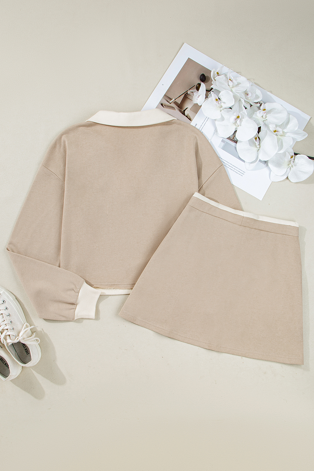 Parchment Raw Edge Detail Colorblock Patchwork Cropped Pullover Drawstring Skirt Set view 16