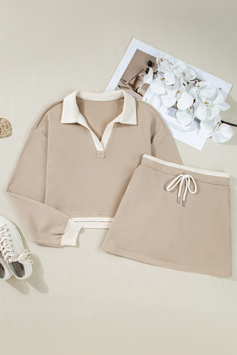 Parchment Raw Edge Detail Colorblock Patchwork Cropped Pullover Drawstring Skirt Set view 15