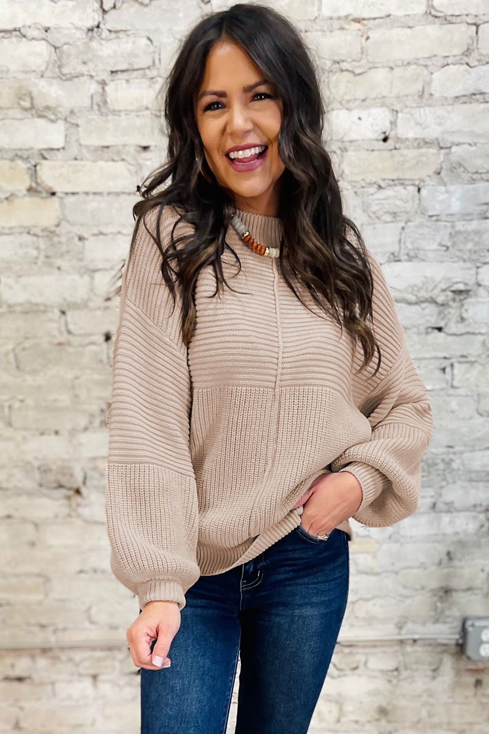 Parchment Mixed Texture Patchwork Knitted Puff Sleeve Sweater view 12
