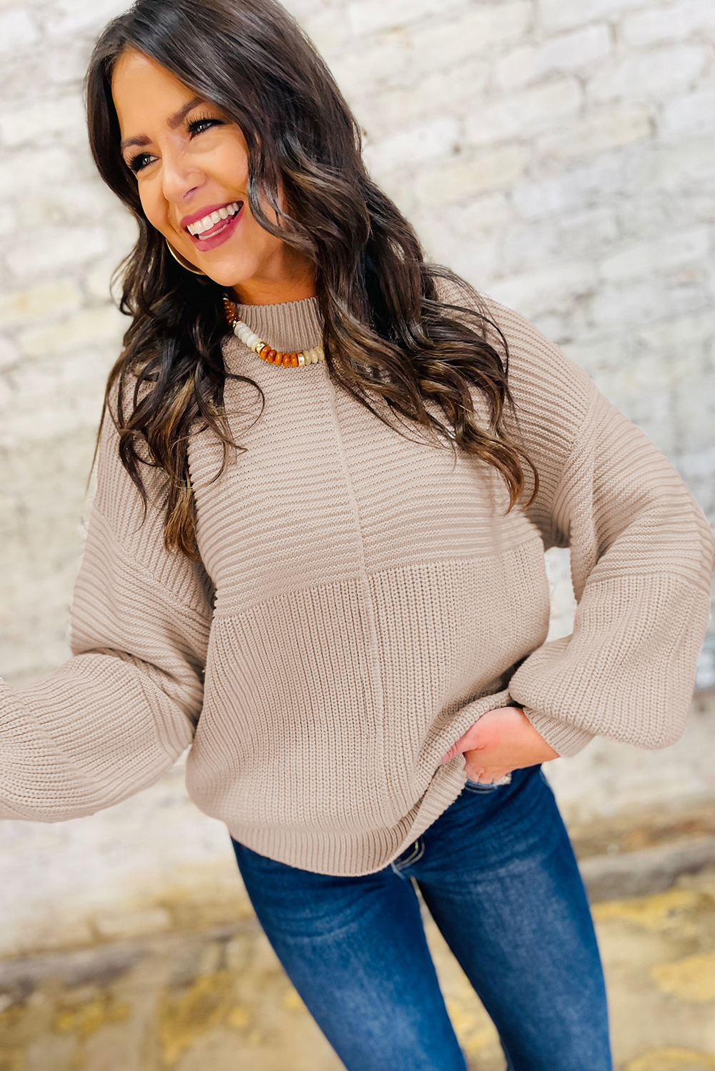 Parchment Mixed Texture Patchwork Knitted Puff Sleeve Sweater view 10
