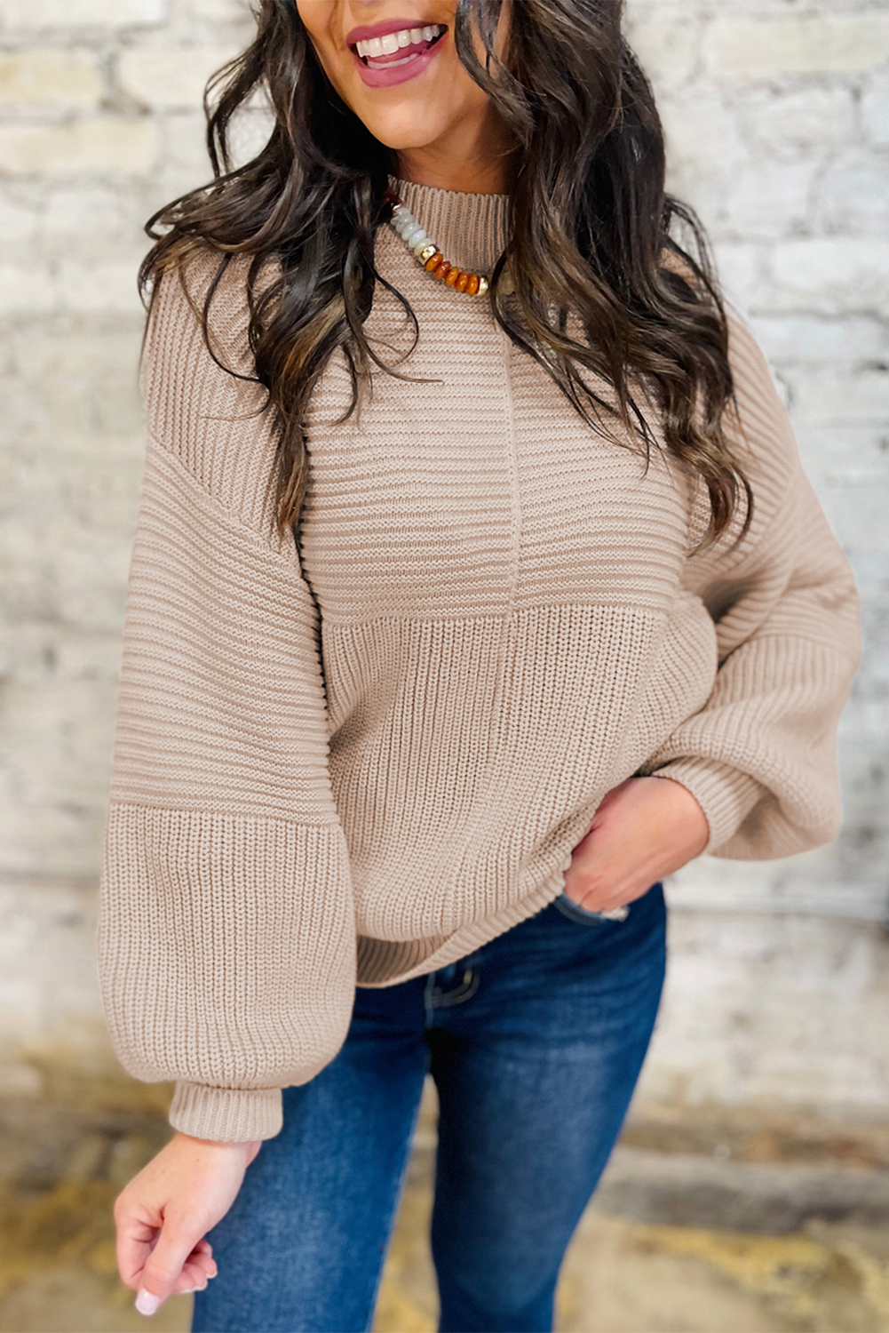 Parchment Mixed Texture Patchwork Knitted Puff Sleeve Sweater view 11