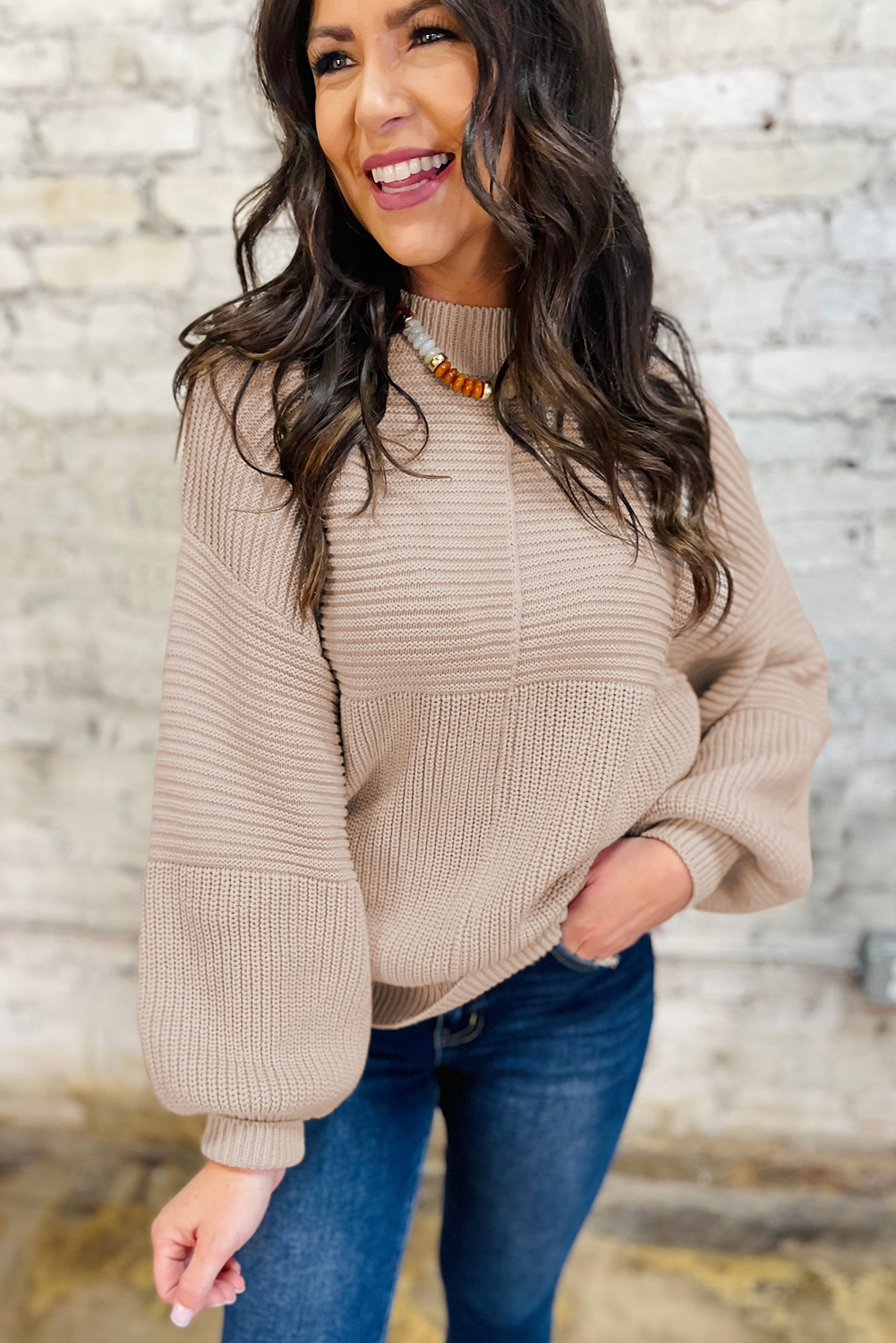 Parchment Mixed Texture Patchwork Knitted Puff Sleeve Sweater view 9