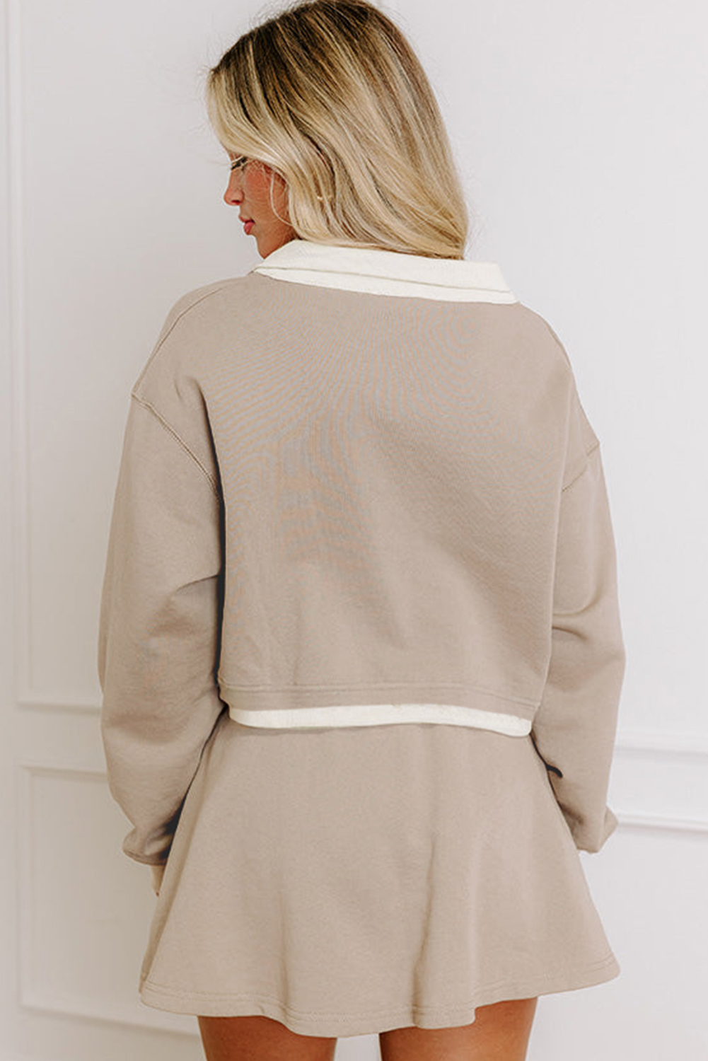 Parchment Raw Edge Detail Colorblock Patchwork Cropped Pullover Drawstring Skirt Set view 10