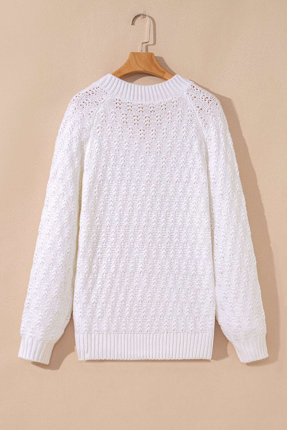 White Textured Knit Ribbed Edge V Neck Loose Sweater view 12