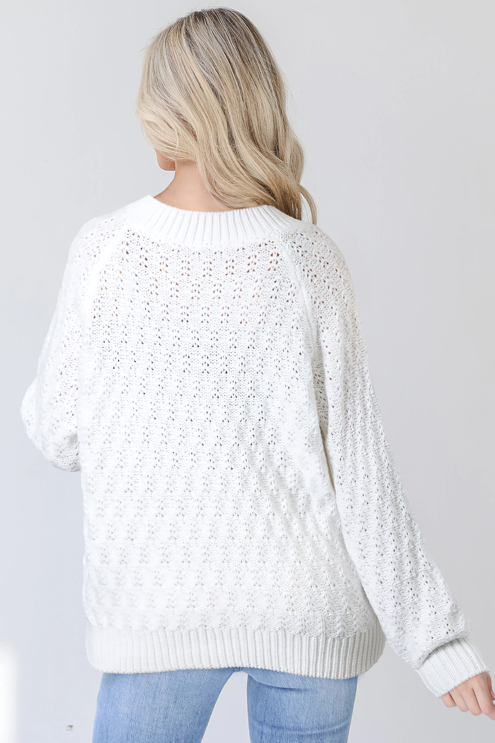 White Textured Knit Ribbed Edge V Neck Loose Sweater view 2