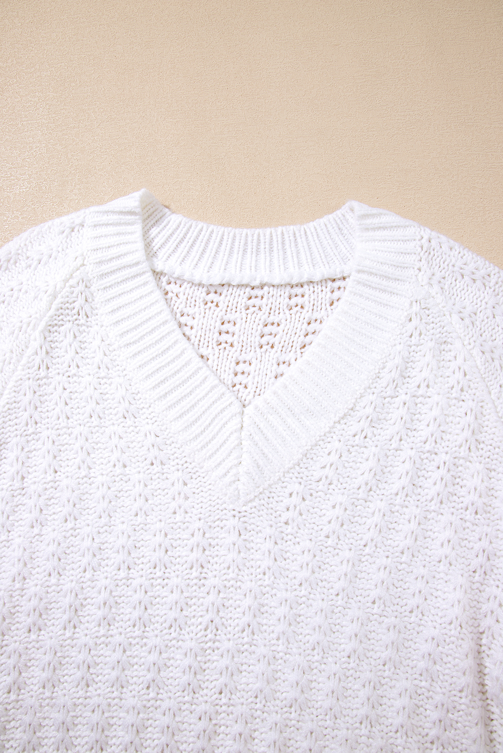 White Textured Knit Ribbed Edge V Neck Loose Sweater view 13