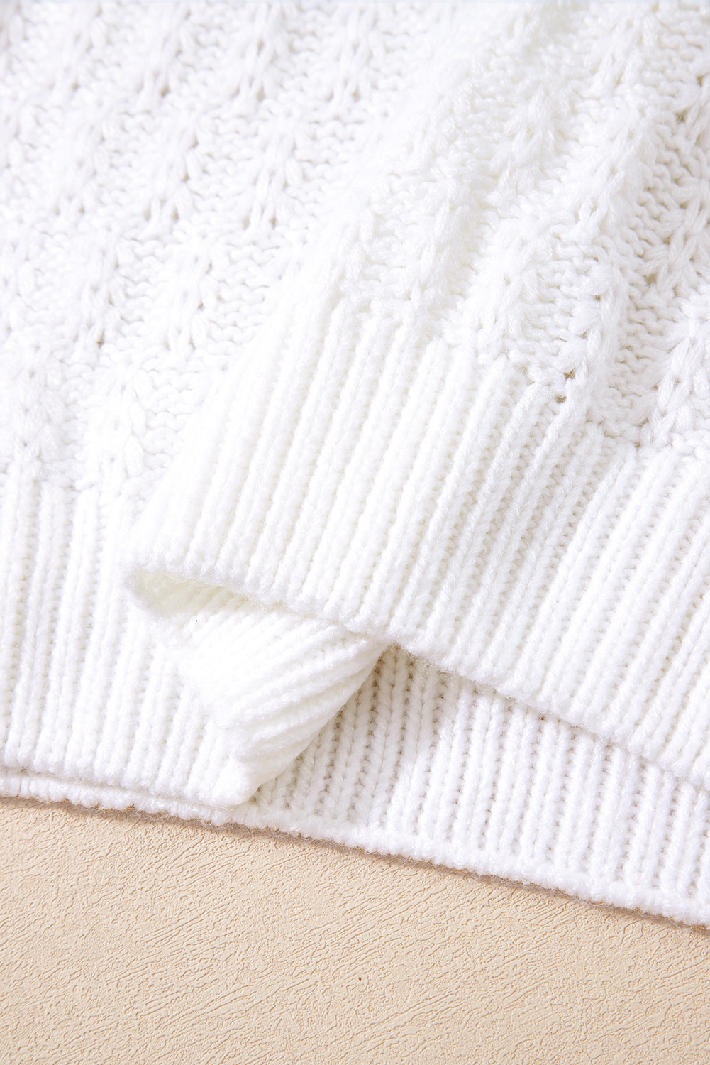 White Textured Knit Ribbed Edge V Neck Loose Sweater view 17