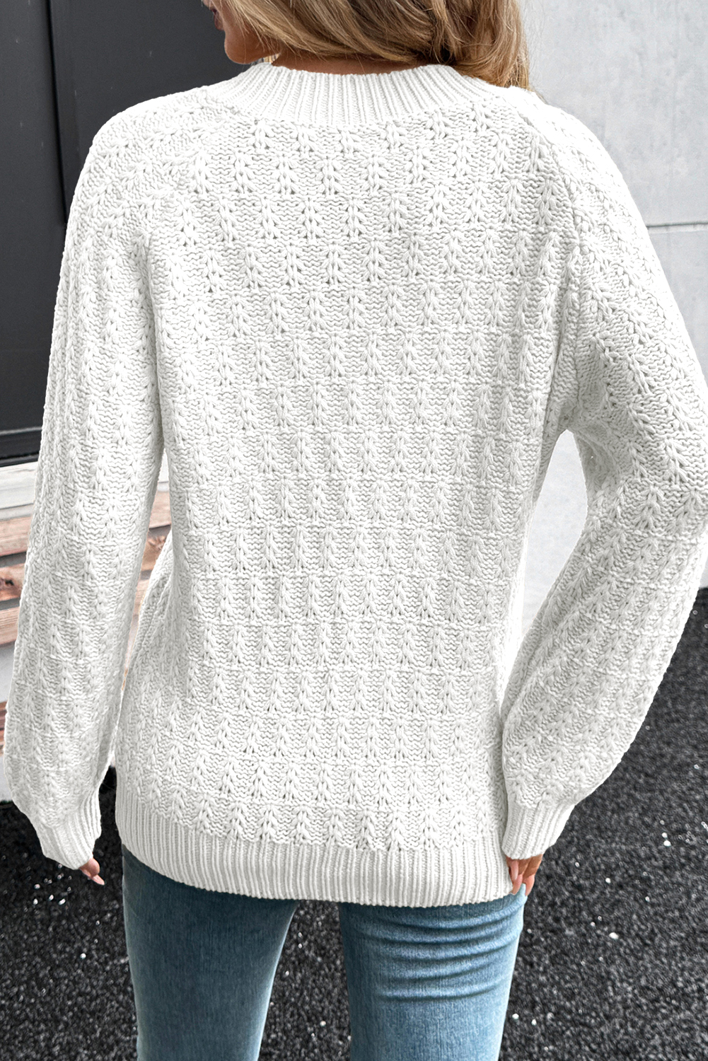 White Textured Knit Ribbed Edge V Neck Loose Sweater view 6